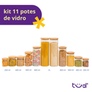 Kit 11 potes de vidro com tampa de bambu herméticos redondos - Tüd